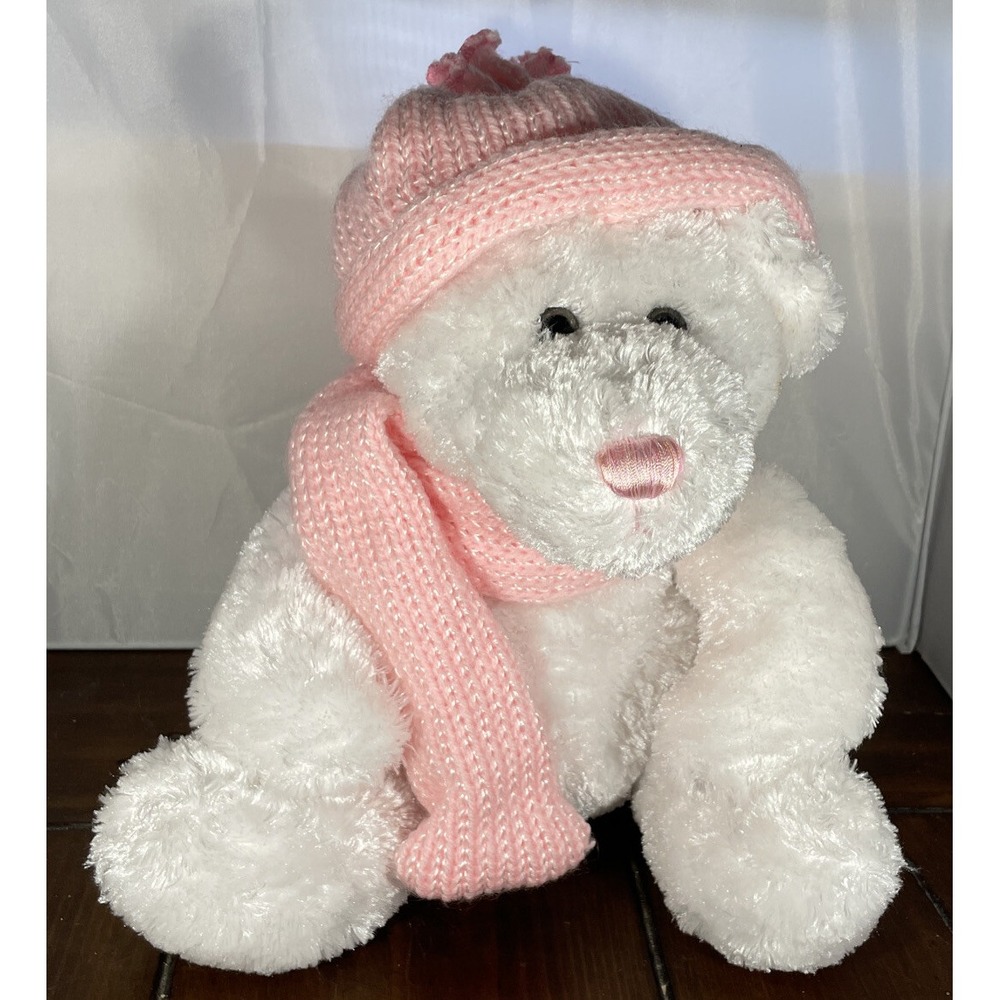 Dan Dee Plush Bear White Pink Knit Hat Scarf Winter‎ Collector Choice
